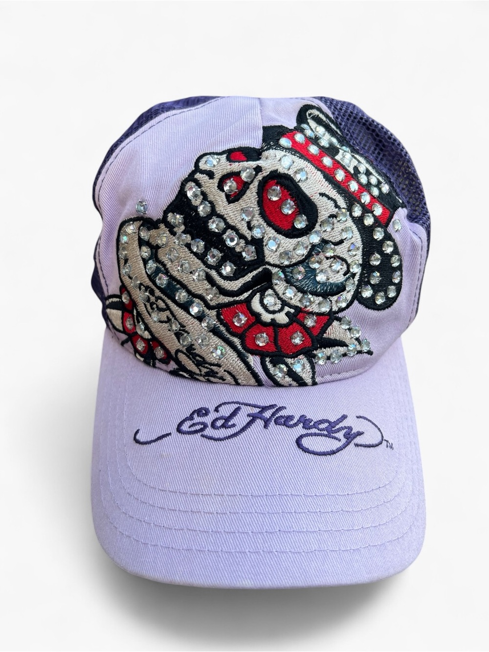 VTG Y2K Christian Audigier Ed Hardy Skull Rhinestone Trucker Hat Purple
